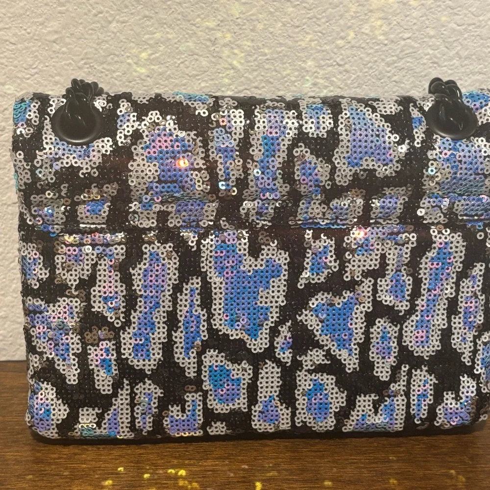 Kurt Geiger Blue & Purple Sequin Leopard Crossbody with Black Chain - Picture 4 of 8